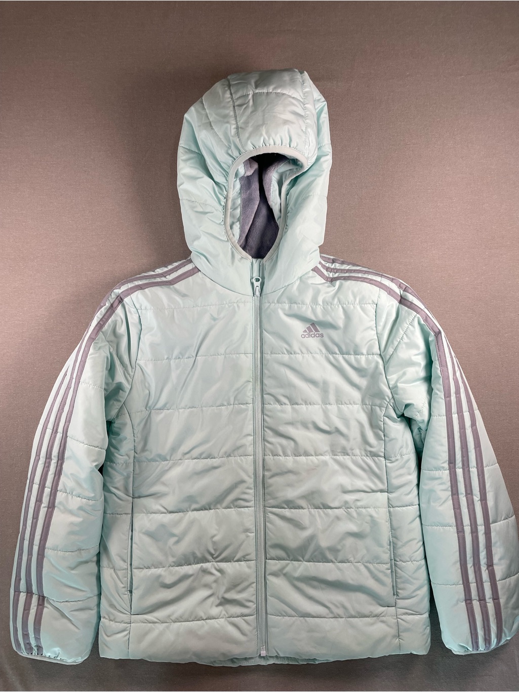 Adidas Kids Mint Green Hooded Puffer Jacket With Stripe Detail L 14